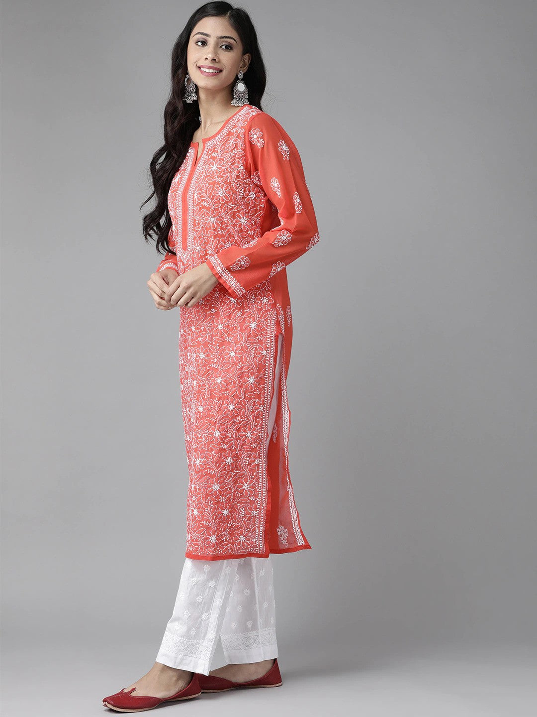 Sophisticated Chikankari Faux Georgette Kurta Set with Cotton Palazzo