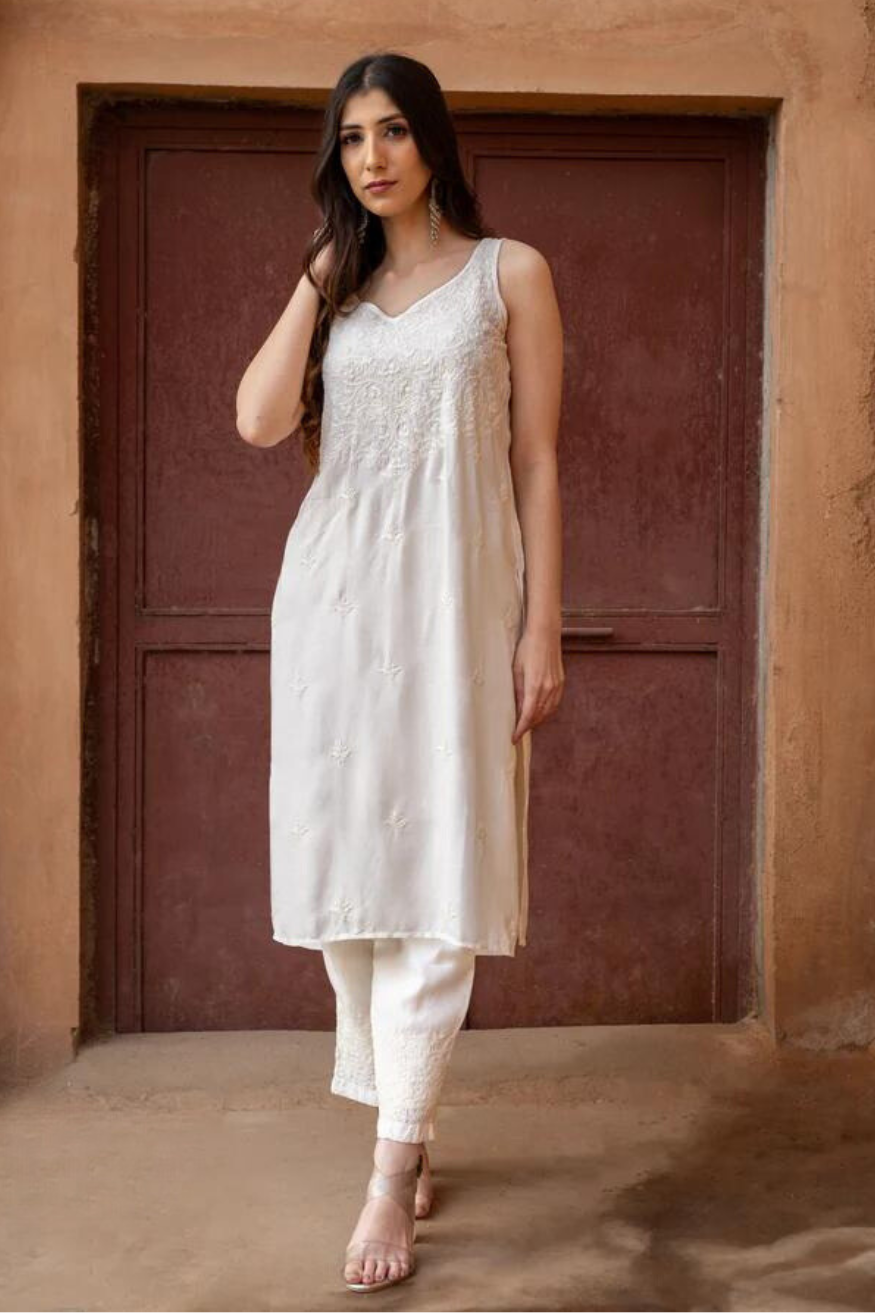 Classic Chikankari in Nadira Mulmul Kurta Set