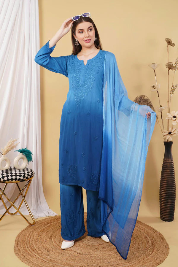 LabelChikankari Ombre Rayon Chikankari Kurta Set – A Blend of Tradition and Contemporary Charm