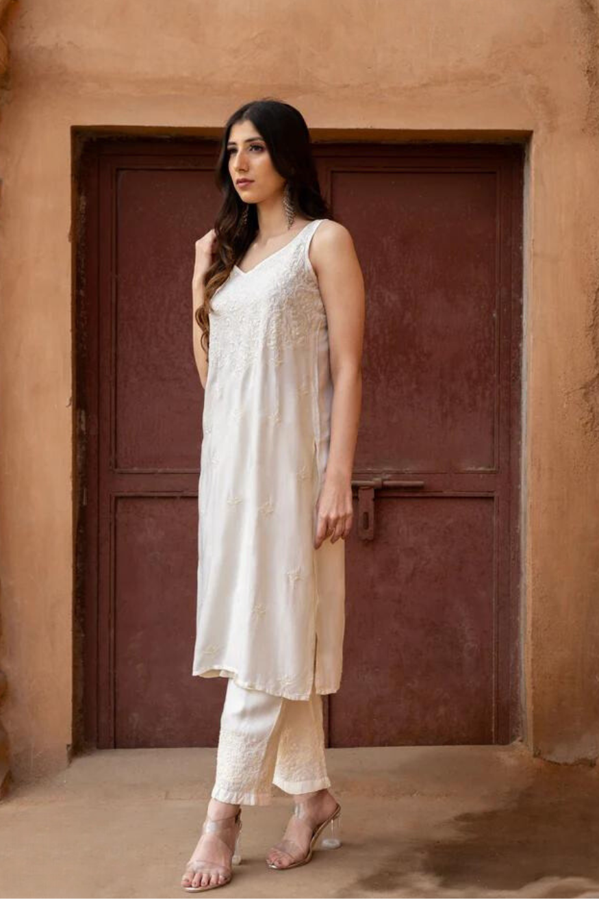 Classic Chikankari in Nadira Mulmul Kurta Set