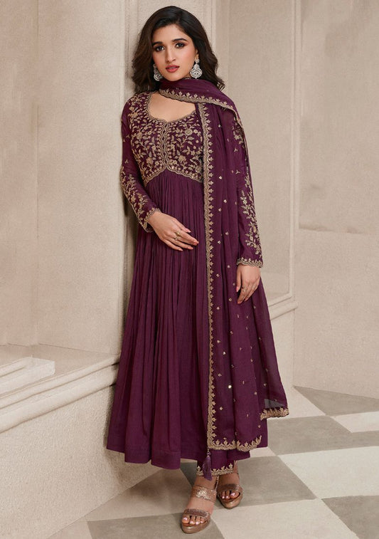 Luxurious Wine Anarkali with Dupatta for Special Occasions