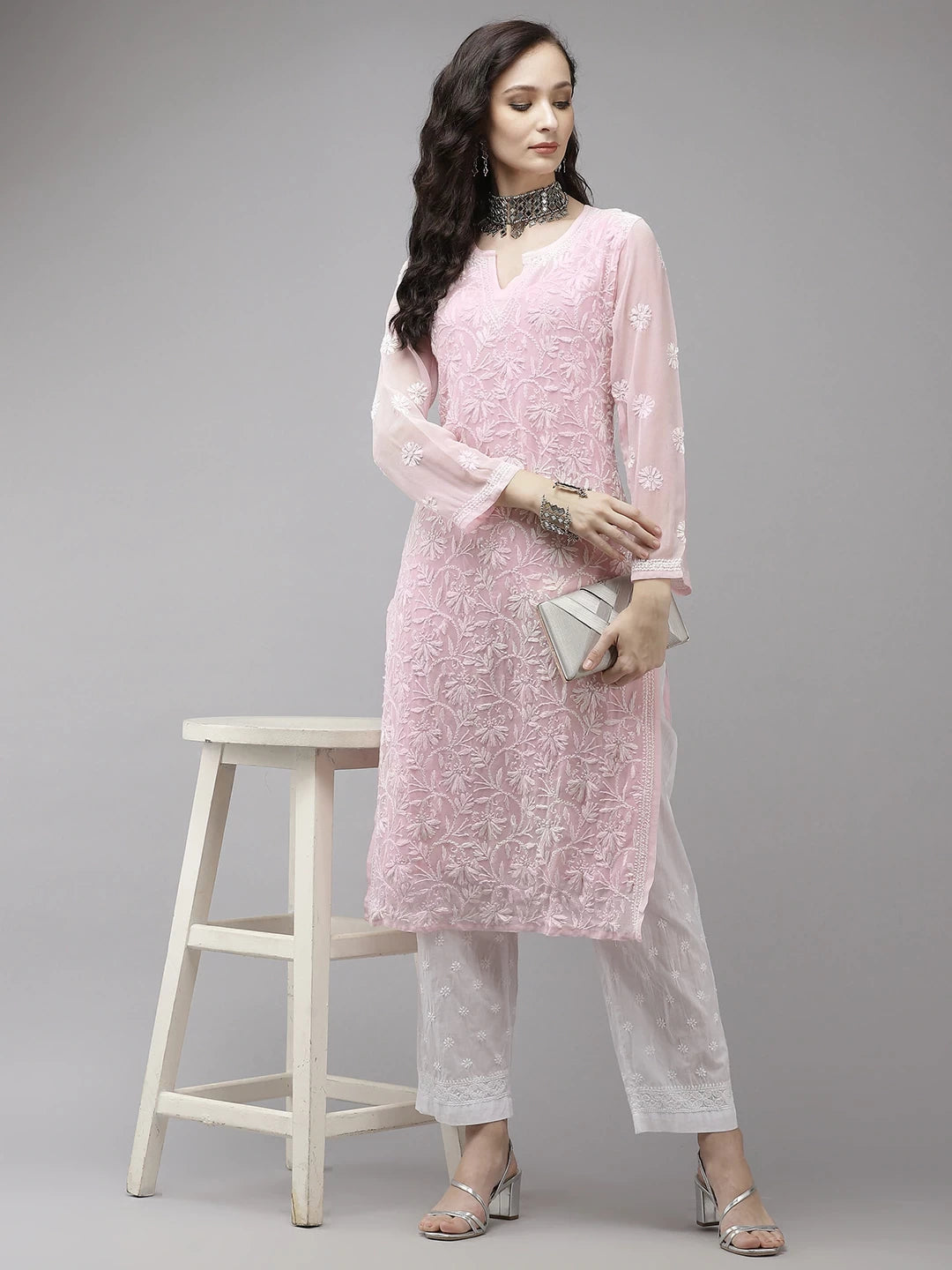 Elegant Hand-Embroidered Faux Georgette Chikankari Kurta Set with Cotton Trousers