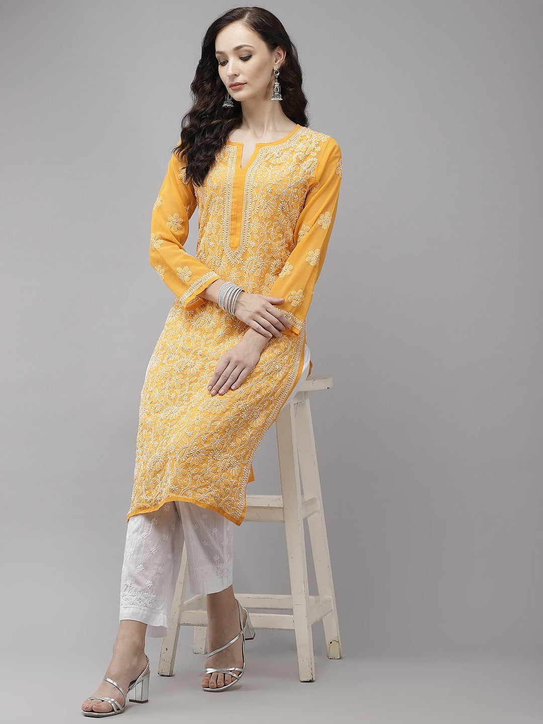 Sophisticated Chikankari Faux Georgette Kurta Set with Cotton Palazzo