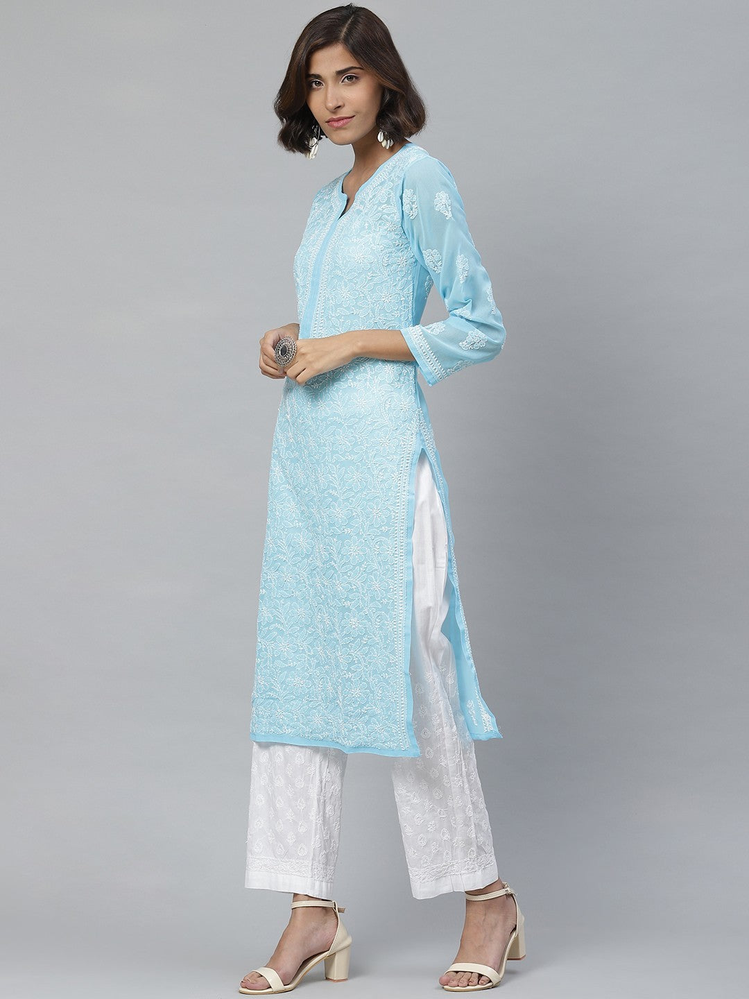 Sophisticated Chikankari Faux Georgette Kurta Set with Cotton Palazzo