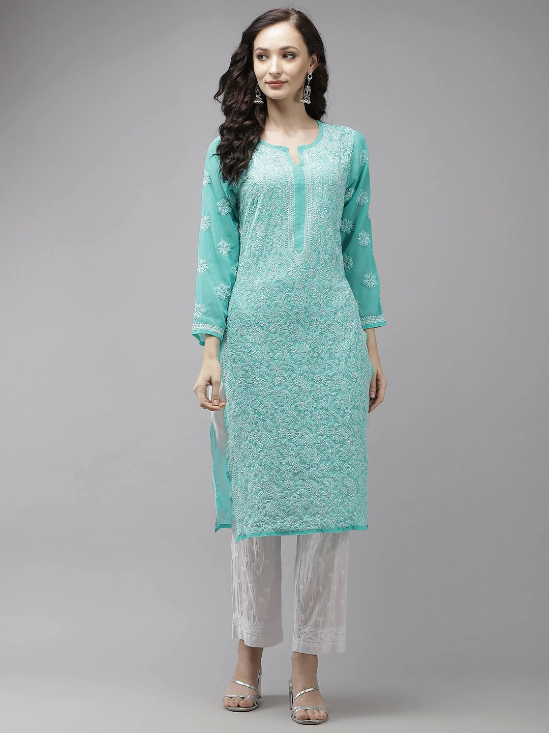 Sophisticated Chikankari Faux Georgette Kurta Set with Cotton Palazzo