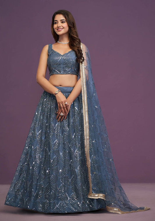 Vibrant Blue Net Lehenga with Intricate Thread Work