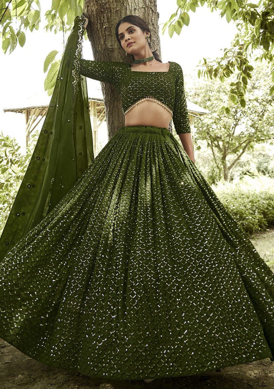 Glamorous Mehendi Green Sequin Embroidered Lehenga Set for Festive Occasions