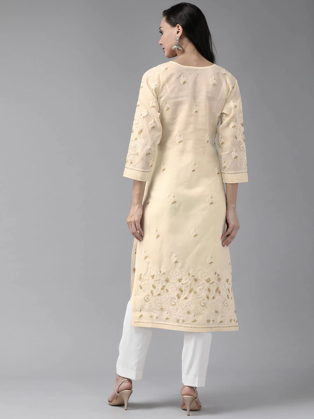 Hand-Embroidered Cotton Lucknowi Chikankari Straight Kurta