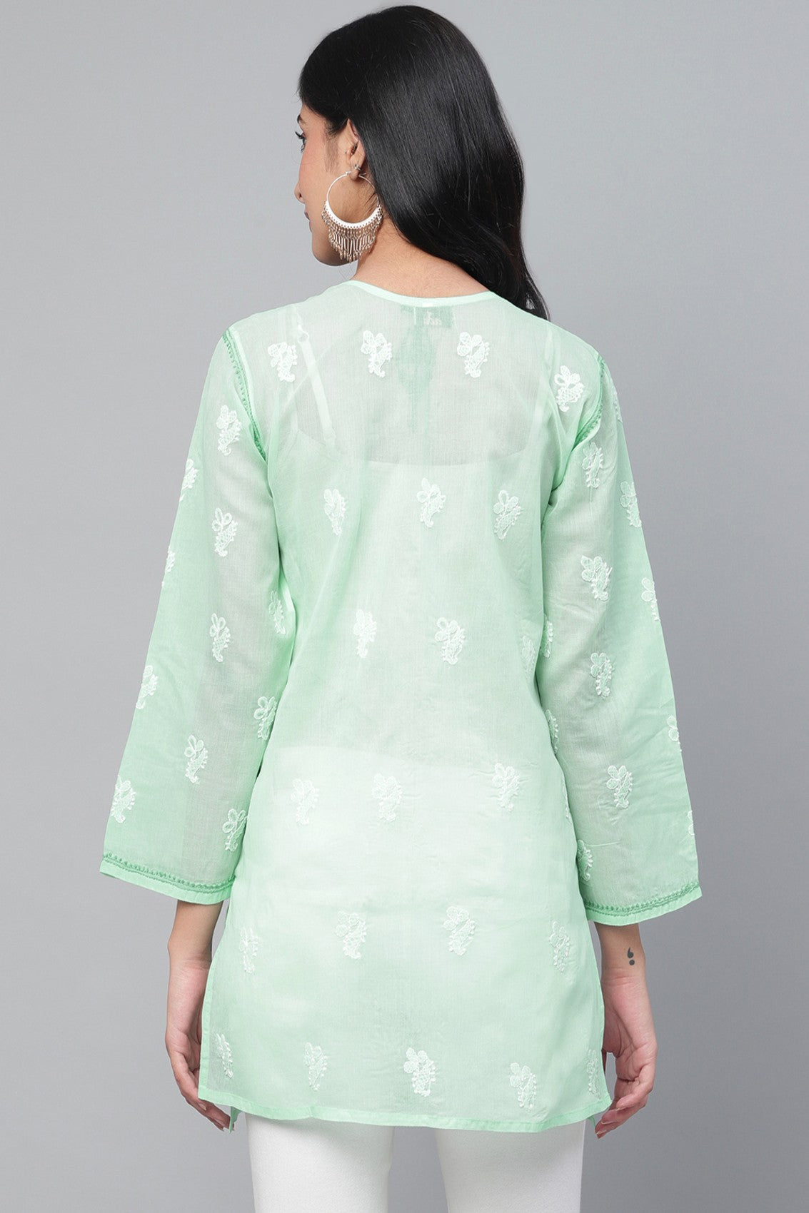 LabelChikankari Sea Green Cotton Chikan Kurti – Embroidered Perfection in Every Stitch