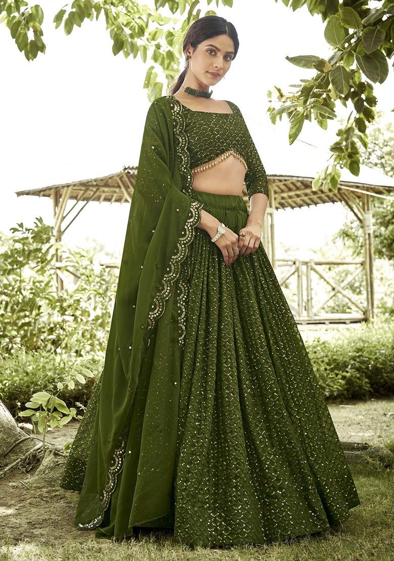 Glamorous Mehendi Green Sequin Embroidered Lehenga Set for Festive Occasions