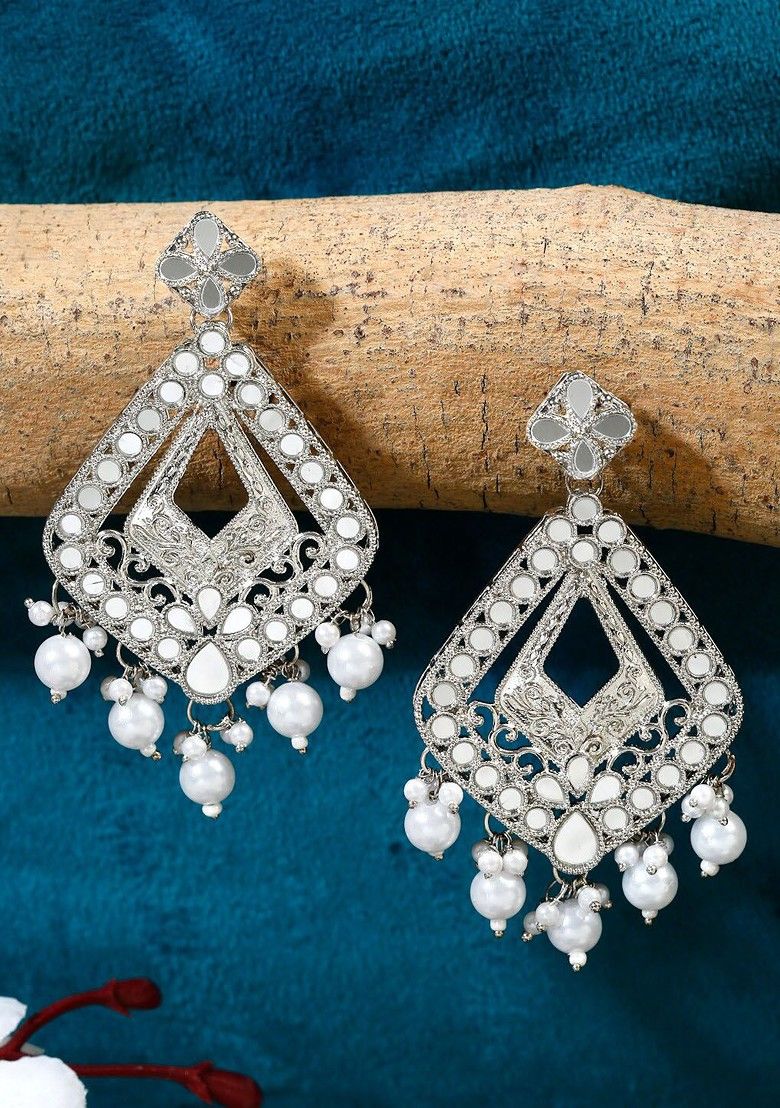 "LabelChikankari Silver Plated White Oxidised Geometric Drop Earrings"