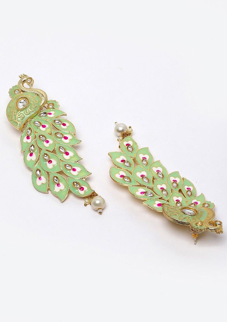 Peacock Motif Earrings in Gold Plating with Colorful Kundan Accents