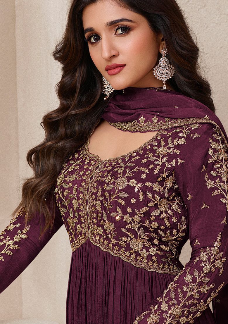 Luxurious Wine Anarkali with Dupatta for Special Occasions