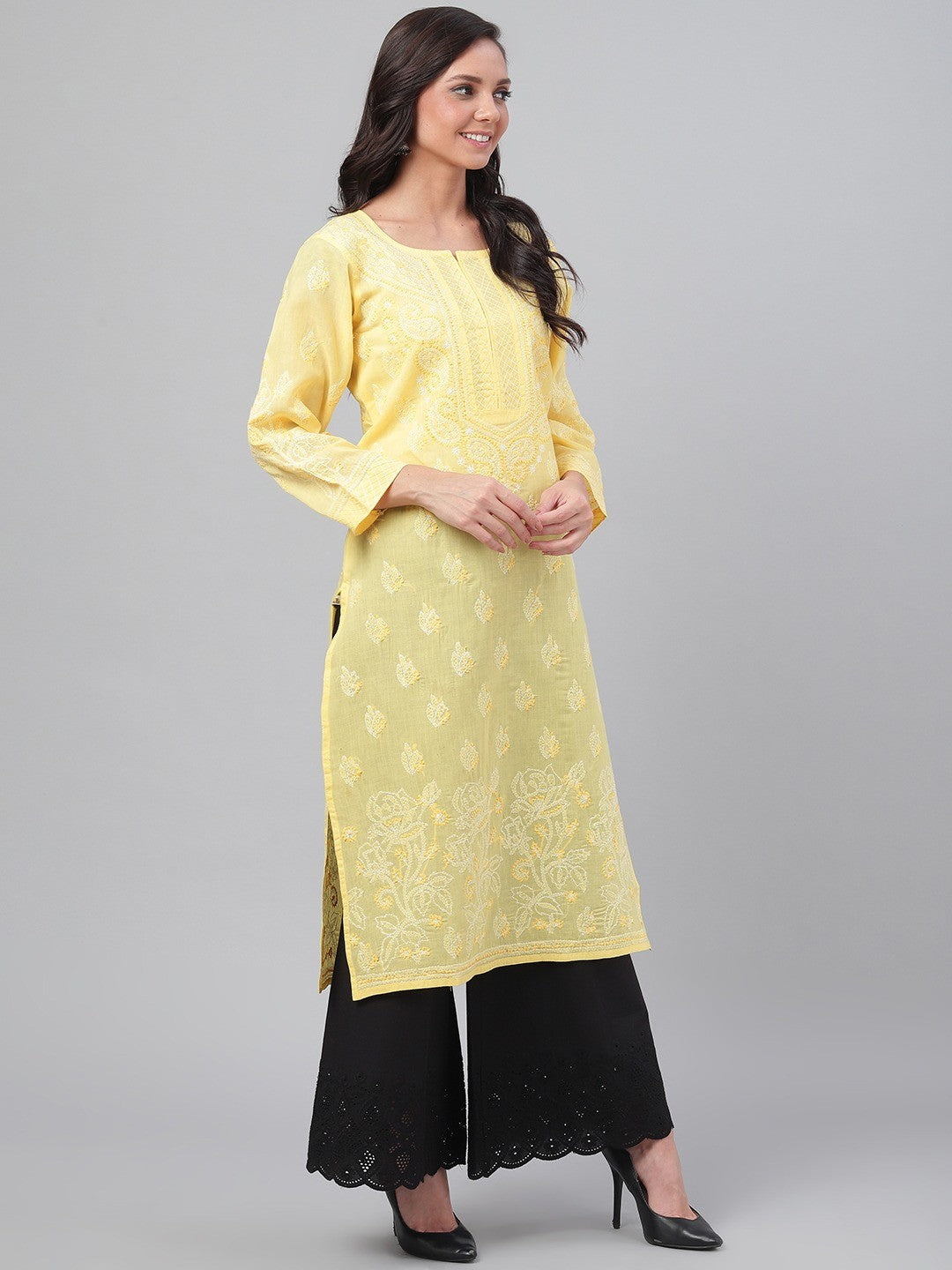 Hand-Embroidered Cotton Lucknowi Chikankari Straight Kurta