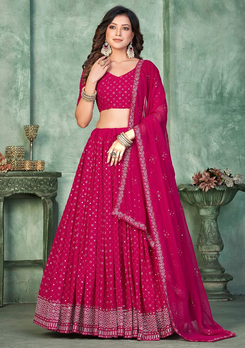 LabelChikankari Pink Embroidered Georgette Lehenga Set – A Fusion of Tradition and Elegance