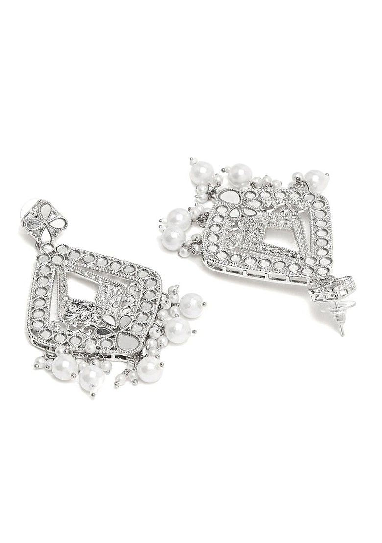 "LabelChikankari Silver Plated White Oxidised Geometric Drop Earrings"