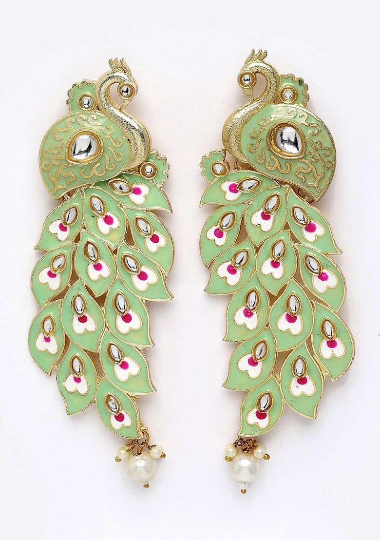 Peacock Motif Earrings in Gold Plating with Colorful Kundan Accents