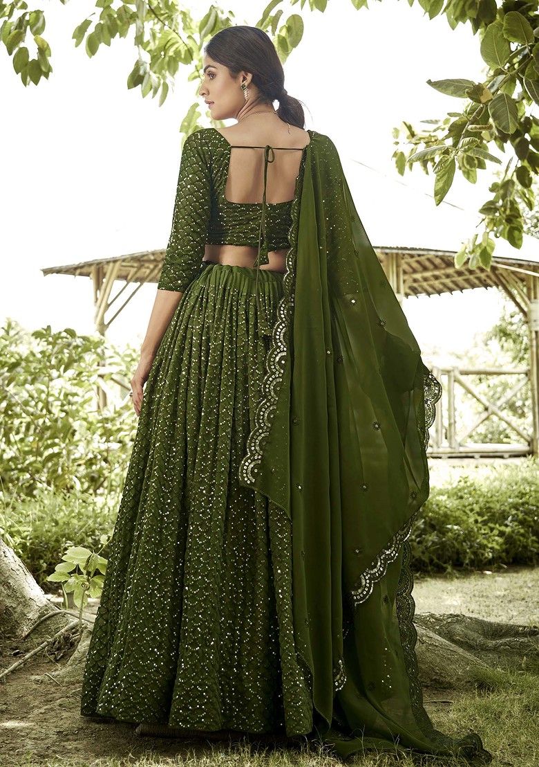 Glamorous Mehendi Green Sequin Embroidered Lehenga Set for Festive Occasions