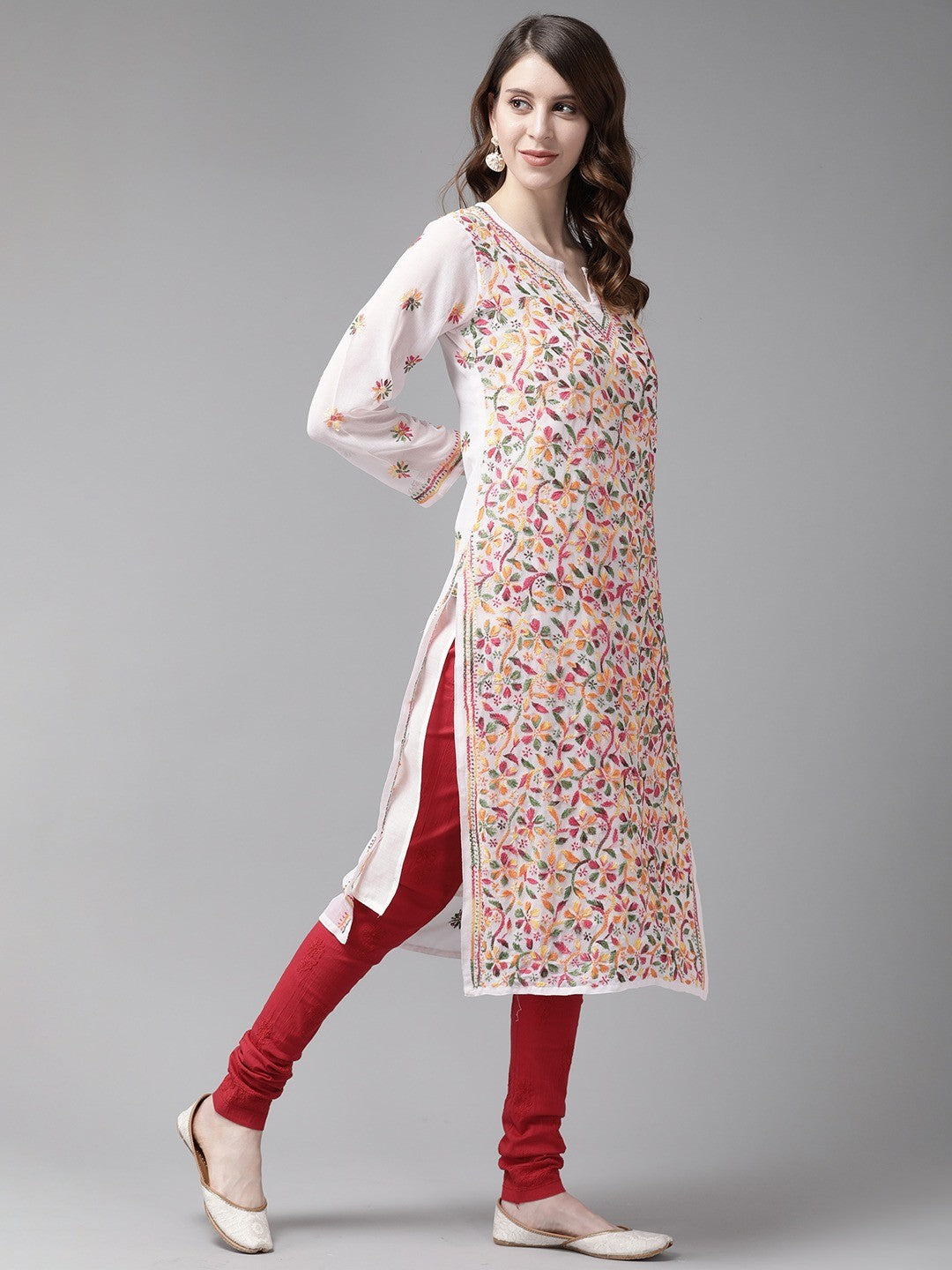 Elegant Hand-Embroidered Faux Georgette Chikankari Kurta Set with Cotton Trousers