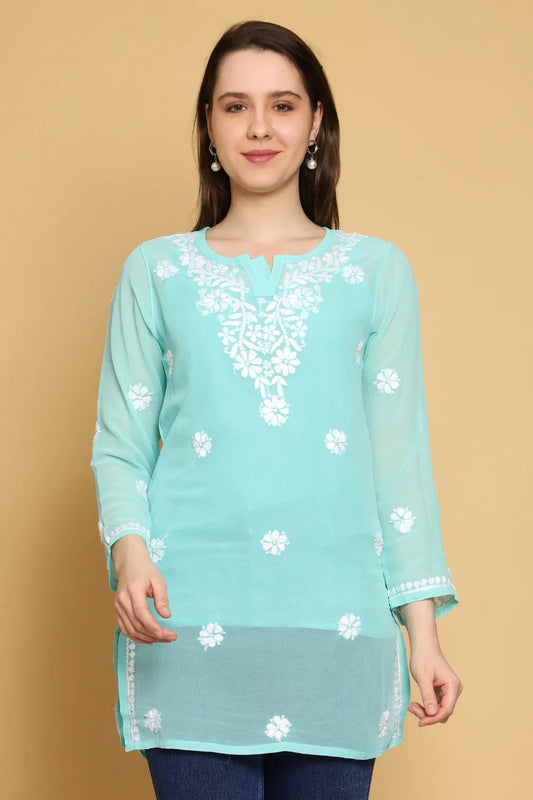 LabelChikankari Faux Georgette Kurti - Traditional Elegance