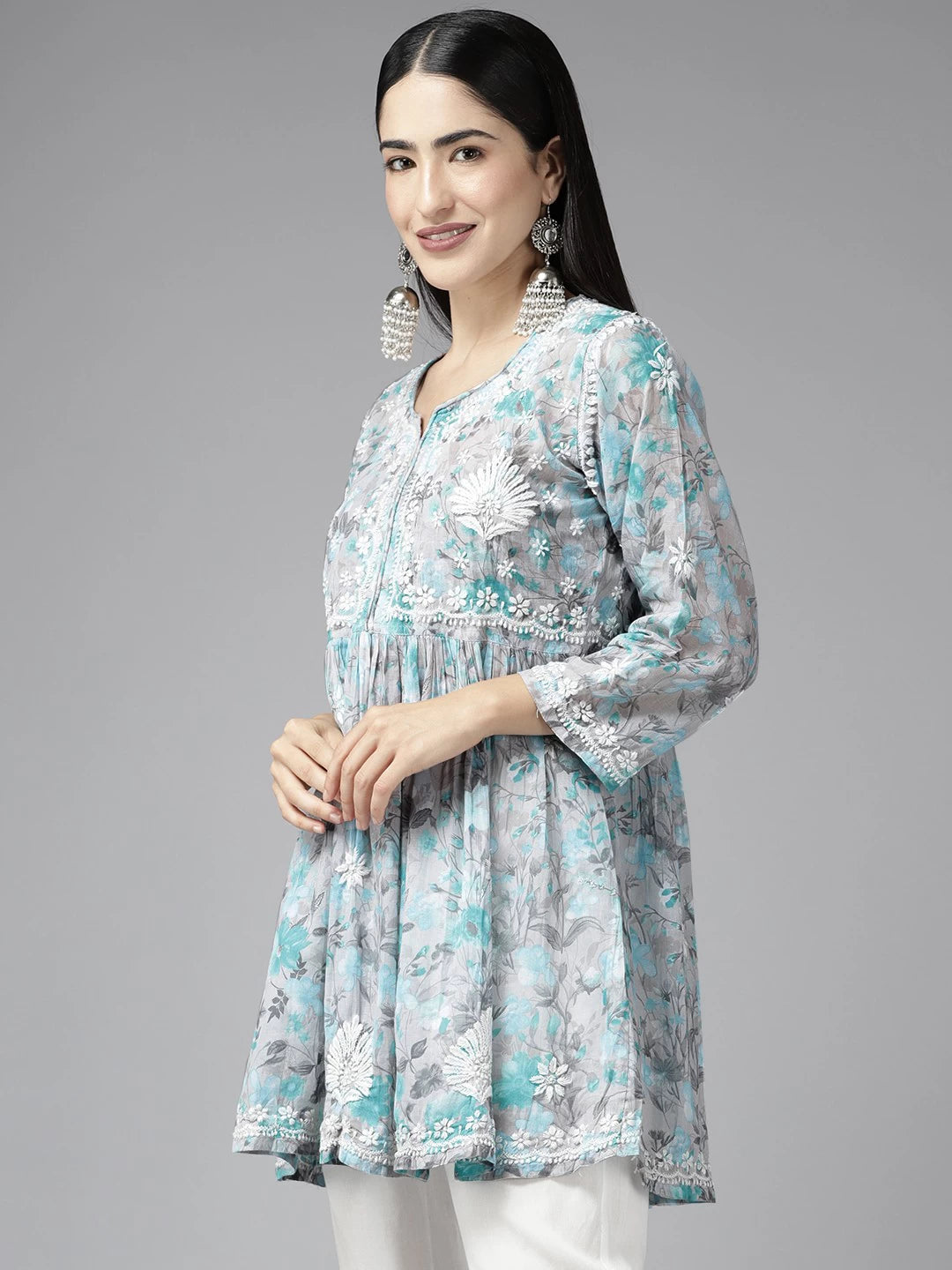 Elegant Cotton Chikan Kurti with Ulti Bakhiya & Phanda Embroidery