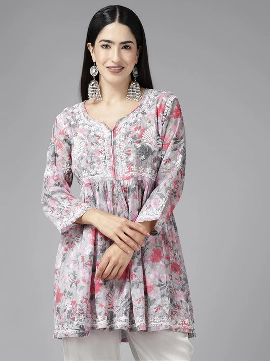 Elegant Cotton Chikan Kurti with Ulti Bakhiya & Phanda Embroidery