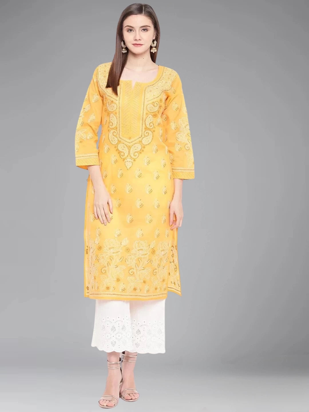 Hand-Embroidered Cotton Lucknowi Chikankari Straight Kurta