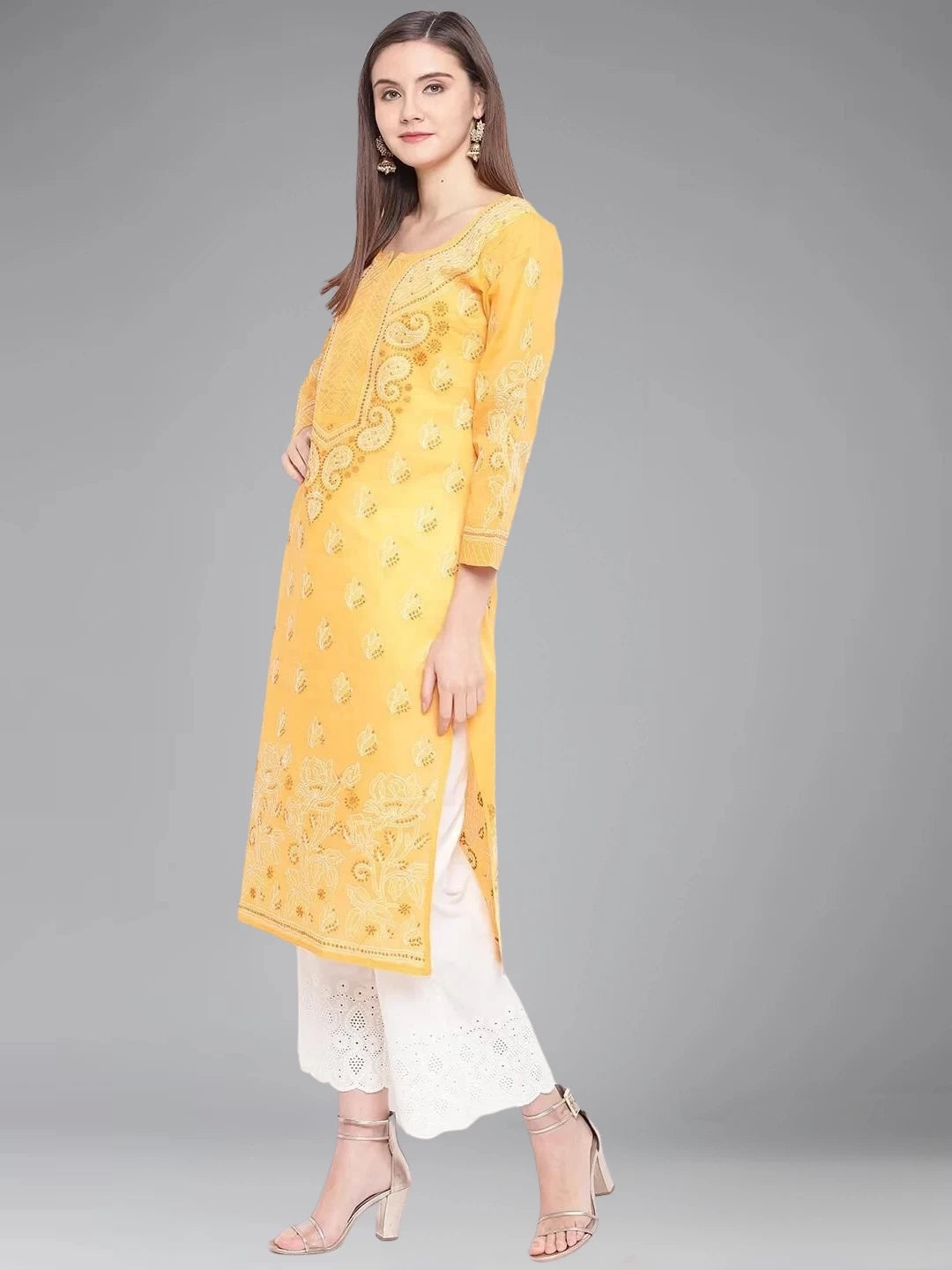 Hand-Embroidered Cotton Lucknowi Chikankari Straight Kurta