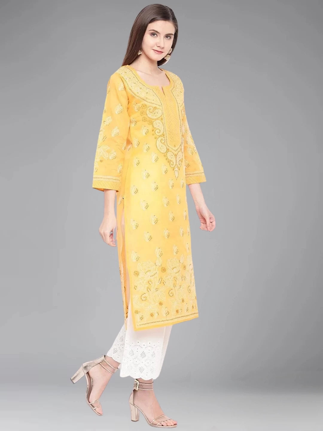 Hand-Embroidered Cotton Lucknowi Chikankari Straight Kurta