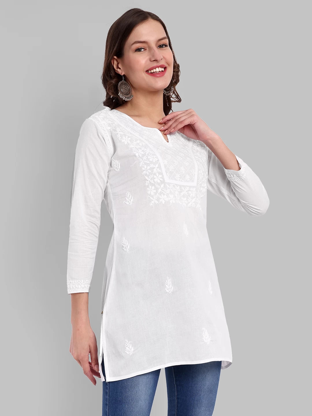 Elegant Black Cotton Chikan Kurti with Red Hand Embroidery