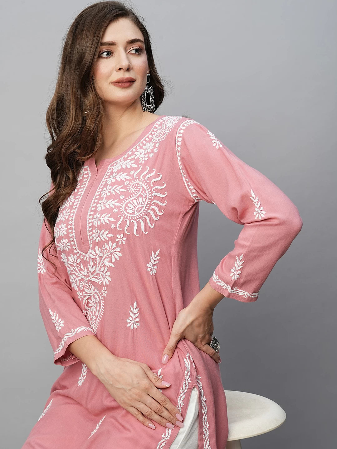 Graceful Handcrafted Rayon Kurta with Intricate Chikankari Work