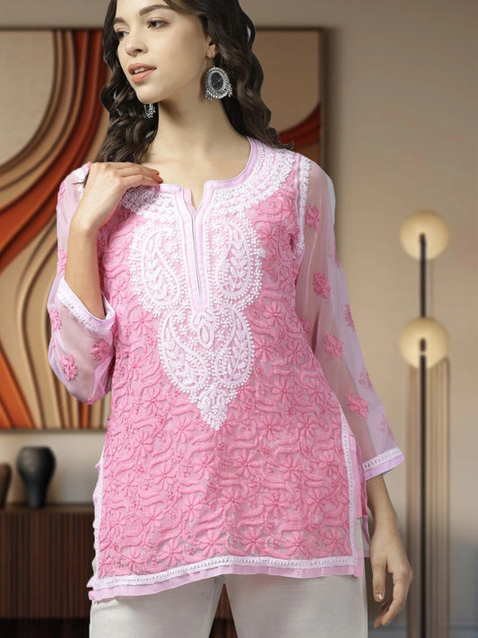 LabelChikankari: Pink Faux Georgette Kurti with Intricate Chikan Embroidery