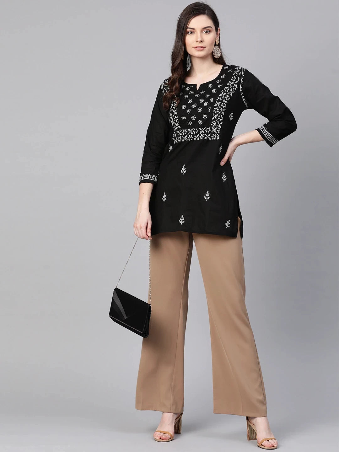 Elegant Black Cotton Chikan Kurti with Red Hand Embroidery