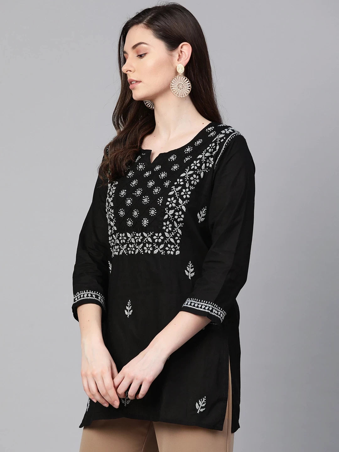 Elegant Black Cotton Chikan Kurti with Red Hand Embroidery