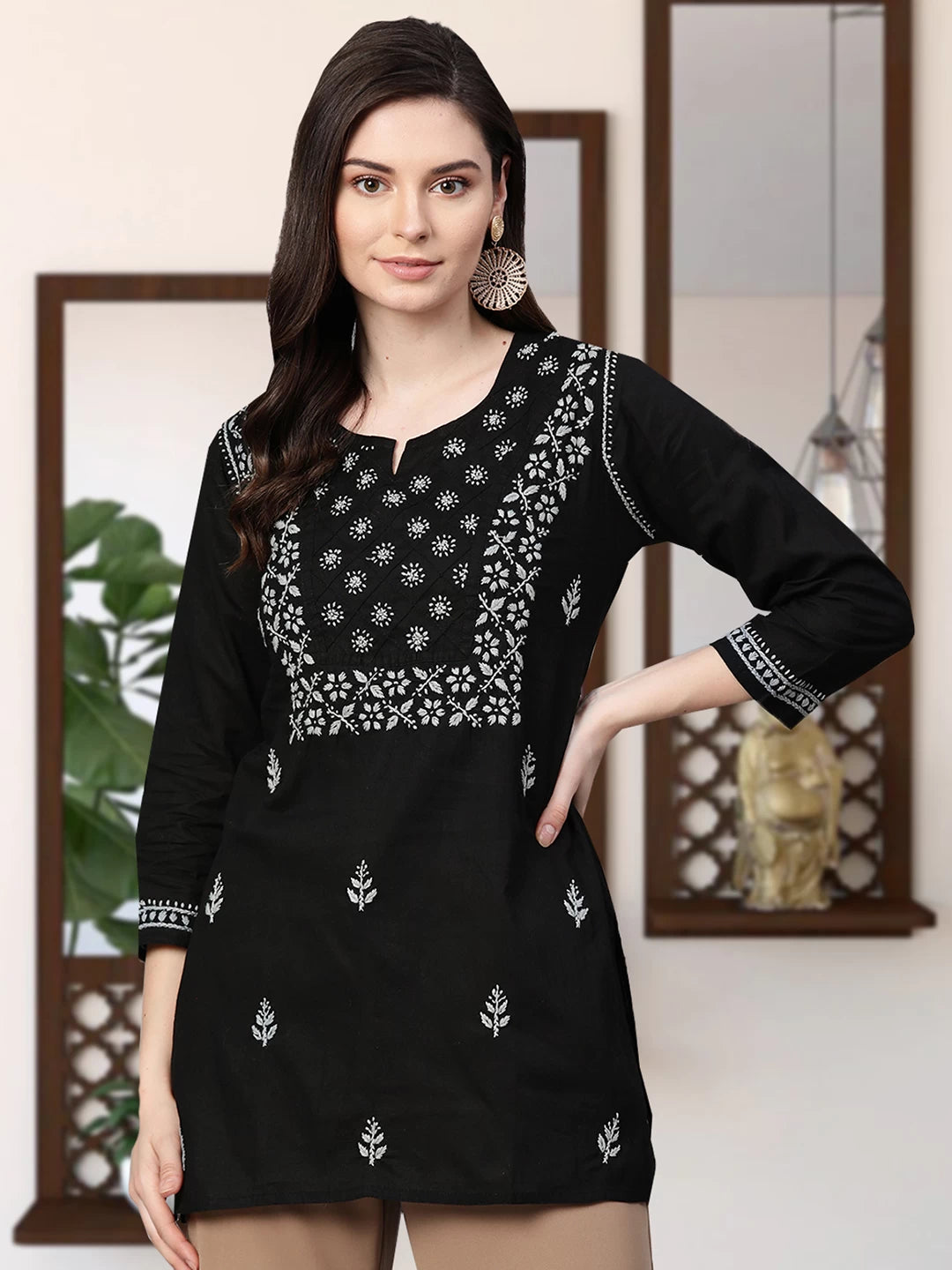 Elegant Black Cotton Chikan Kurti with Red Hand Embroidery