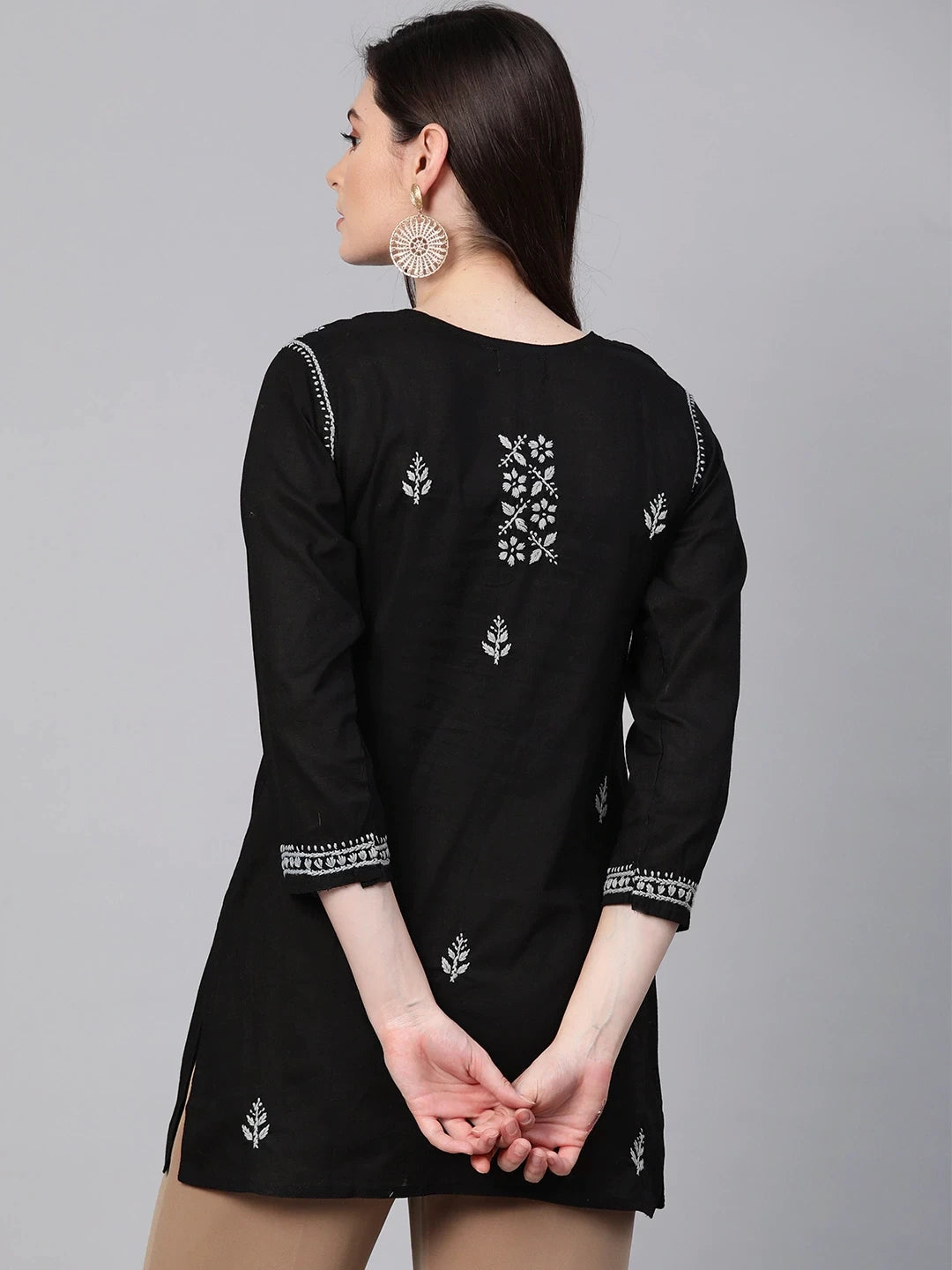 Elegant Black Cotton Chikan Kurti with Red Hand Embroidery