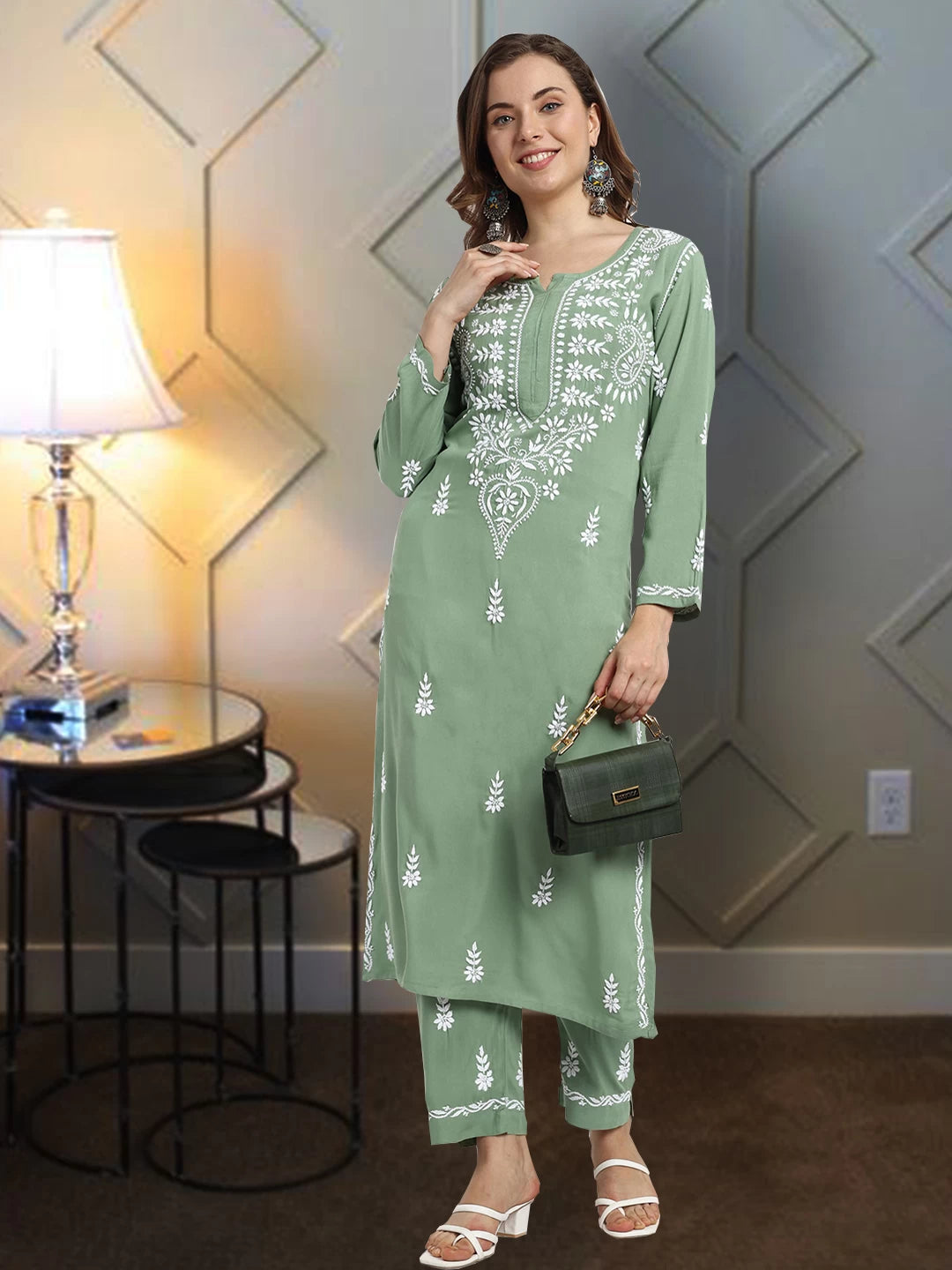 Graceful Handcrafted Rayon Chikankari Kurta Set for Timeless Elegance