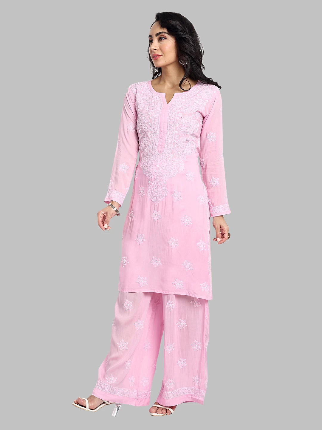 Graceful Hand-Embroidered Modal Chikankari Kurta and Trouser Set