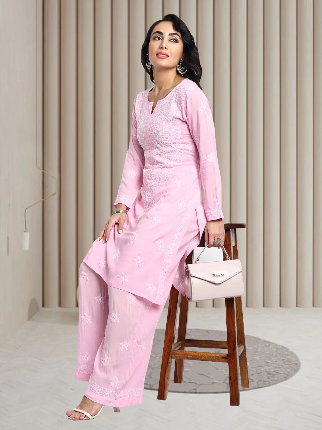 Graceful Hand-Embroidered Modal Chikankari Kurta and Trouser Set