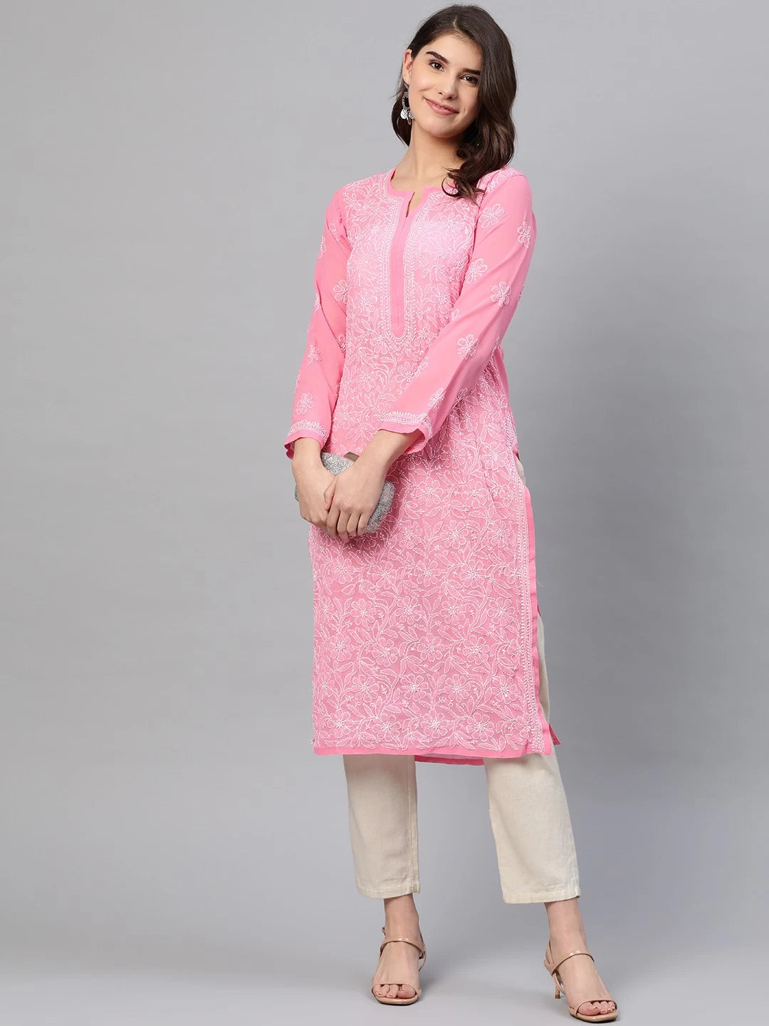 Luxurious Hand-Embroidered Lucknowi Chikankari Kurta in Georgette Fabric