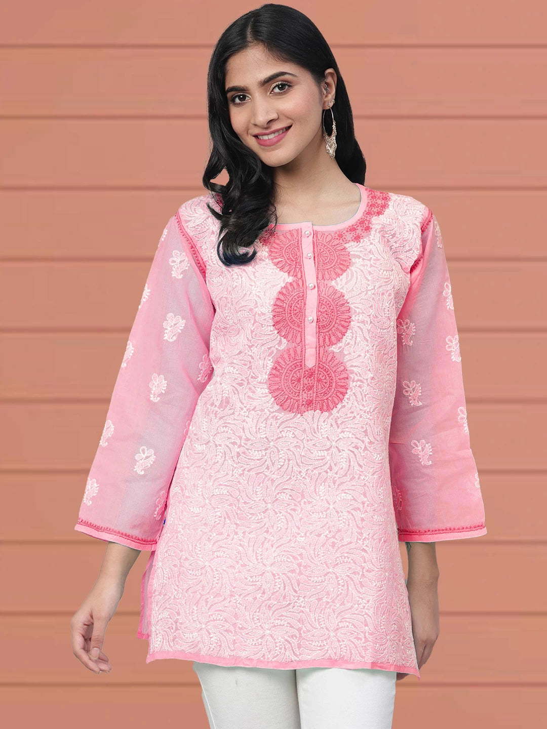 Traditional Bakhiya & Phanda Stitched Soft Pink Kurti by LabelChikankari