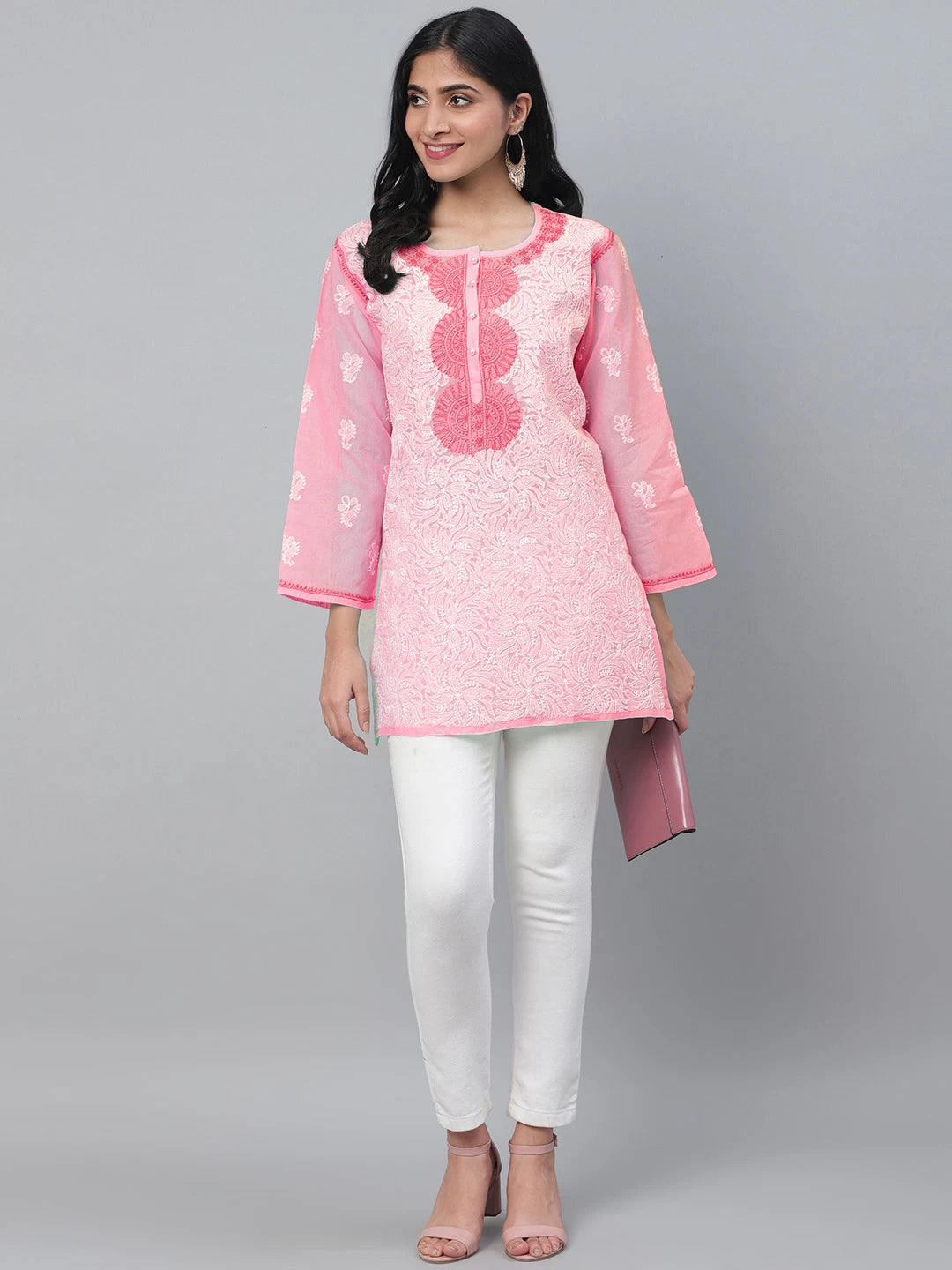 Traditional Bakhiya & Phanda Stitched Soft Pink Kurti by LabelChikankari