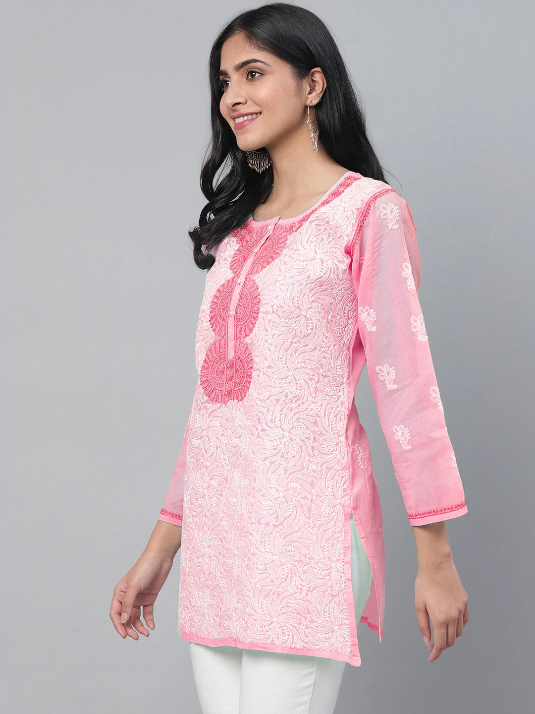 Traditional Bakhiya & Phanda Stitched Soft Pink Kurti by LabelChikankari