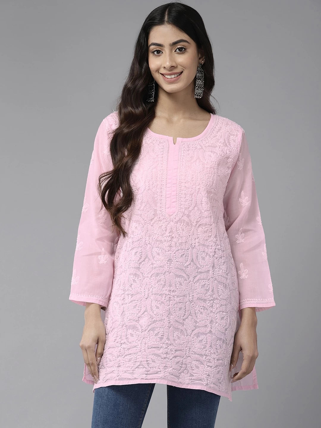 Vibrant Peach Cotton Kurti with Intricate Chikankari