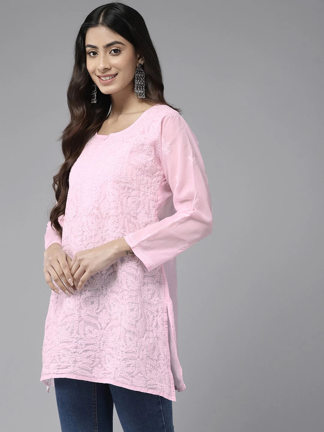 Vibrant Peach Cotton Kurti with Intricate Chikankari