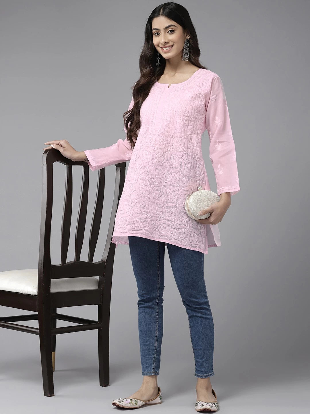 Vibrant Peach Cotton Kurti with Intricate Chikankari