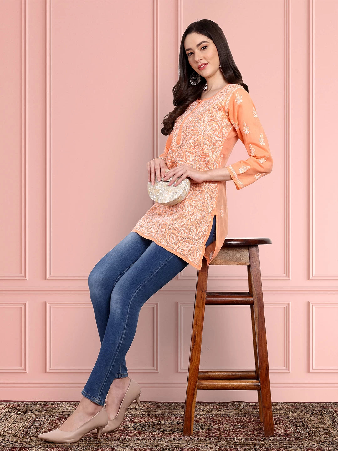 Vibrant Peach Cotton Kurti with Intricate Chikankari