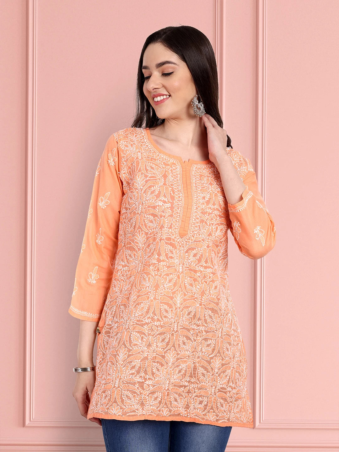 Vibrant Peach Cotton Kurti with Intricate Chikankari