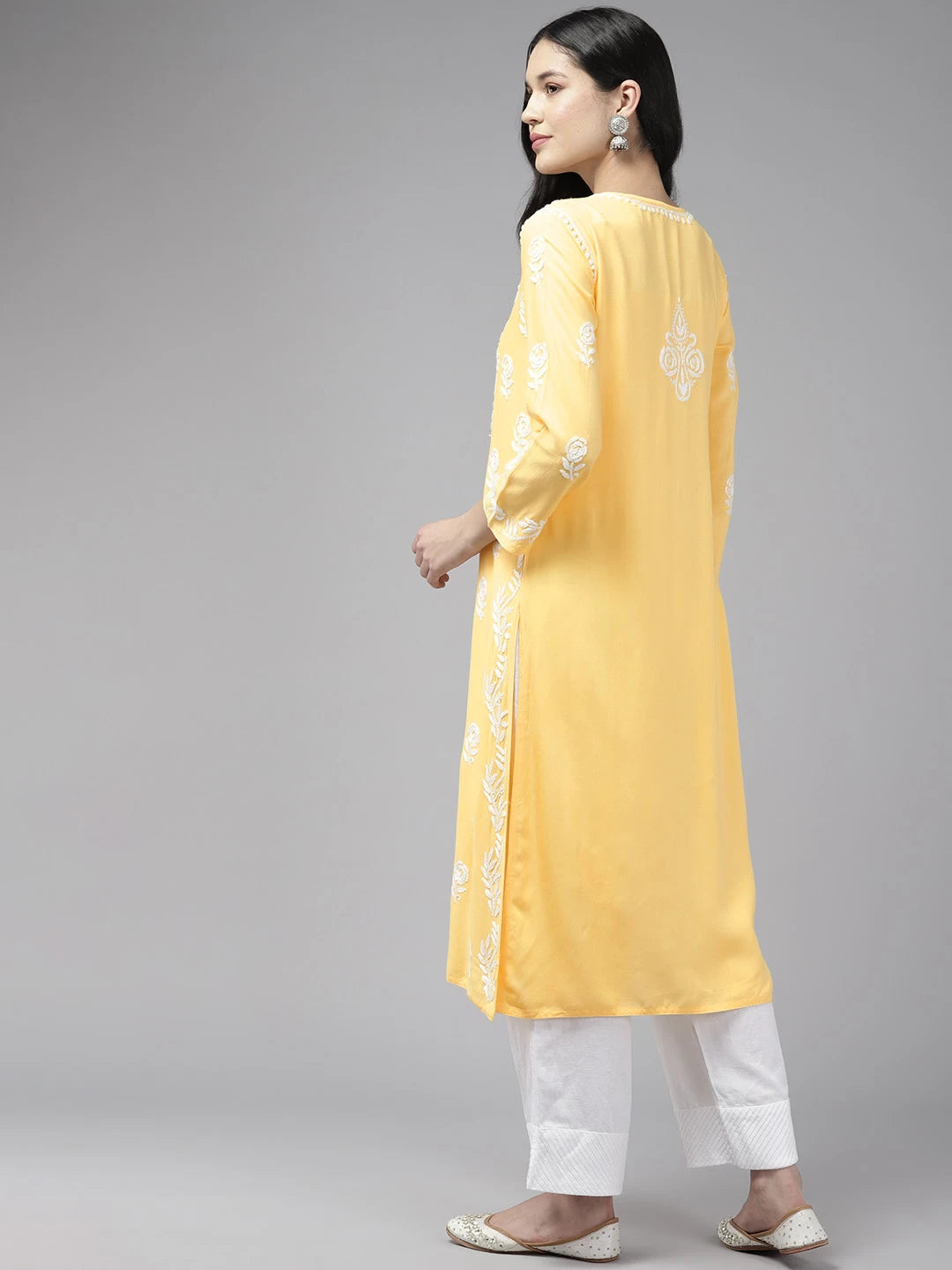 Elegant Yellow Rayon Chikankari Kurta with Hand-Embroidered Rose Motifs