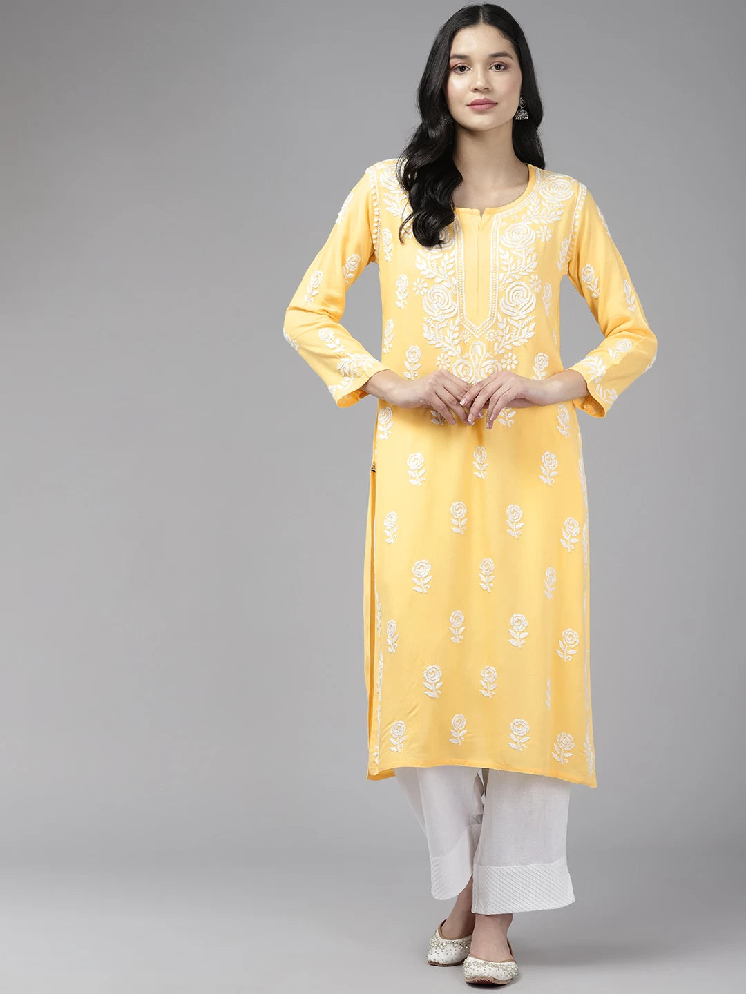 Elegant Yellow Rayon Chikankari Kurta with Hand-Embroidered Rose Motifs